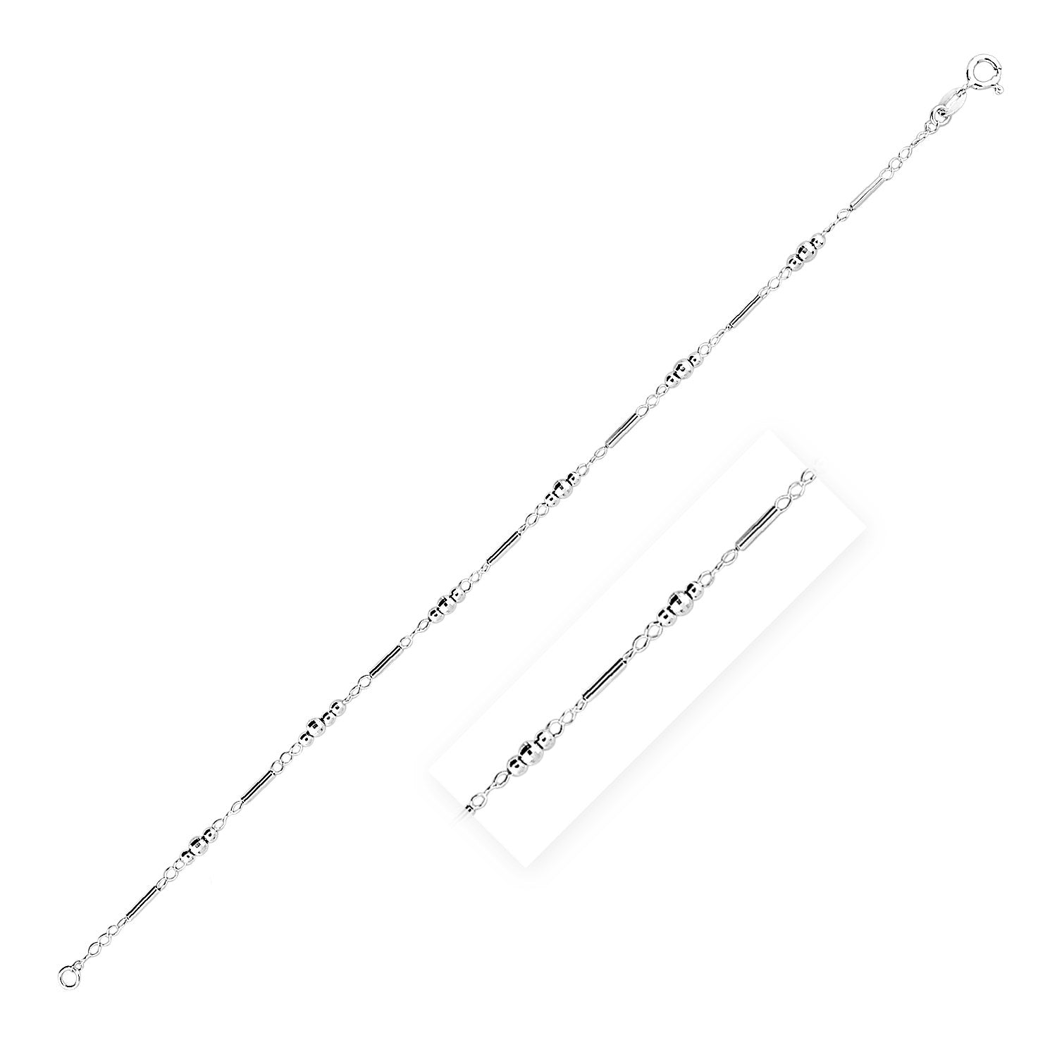 Sterling Silver Anklet with Polished Bars and Beads in a sleek high-contrast midnight luxury editorial style